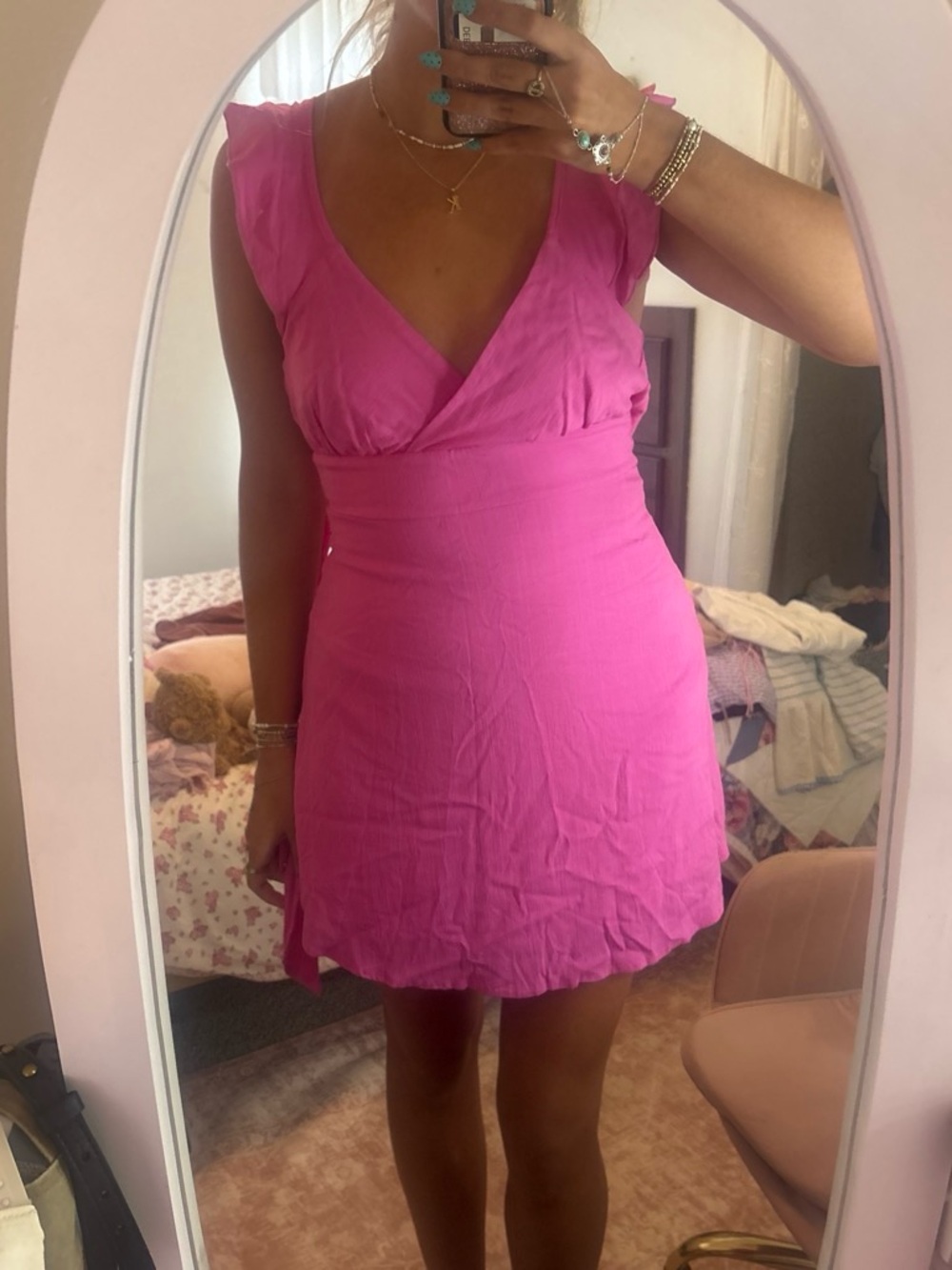 Altar'd State Hot Pink V-Neck Ruffle Sleeve Mini Dress